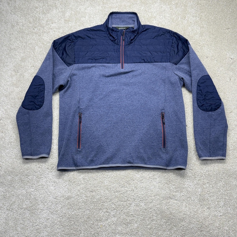 Orvis Jacket Mens XL Blue Fleece Quilted 1/4 Zip Pullover‎ Hiking Puffer Pockets